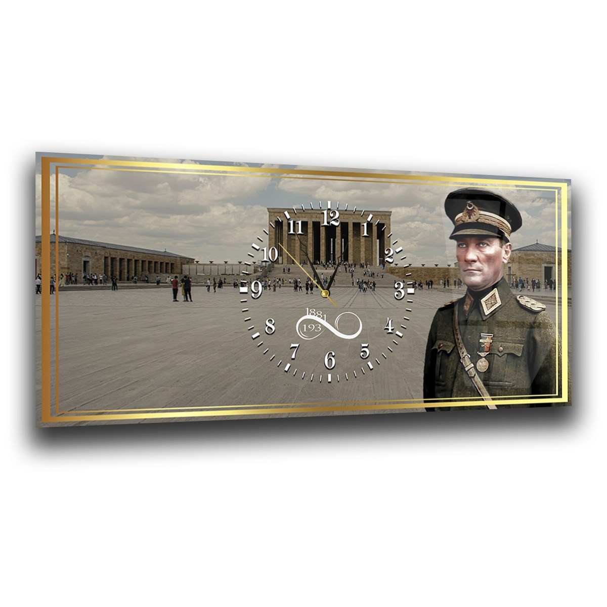 Askeri kıyafetli Atatürk ve Anıtkabir Yatay Ortadan Saatli  Vatan Temalı Cam Tablo 043