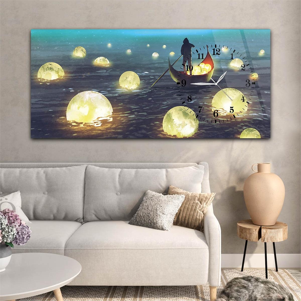 Tableau en verre à thème art et nature avec horloge latérale horizontale 025