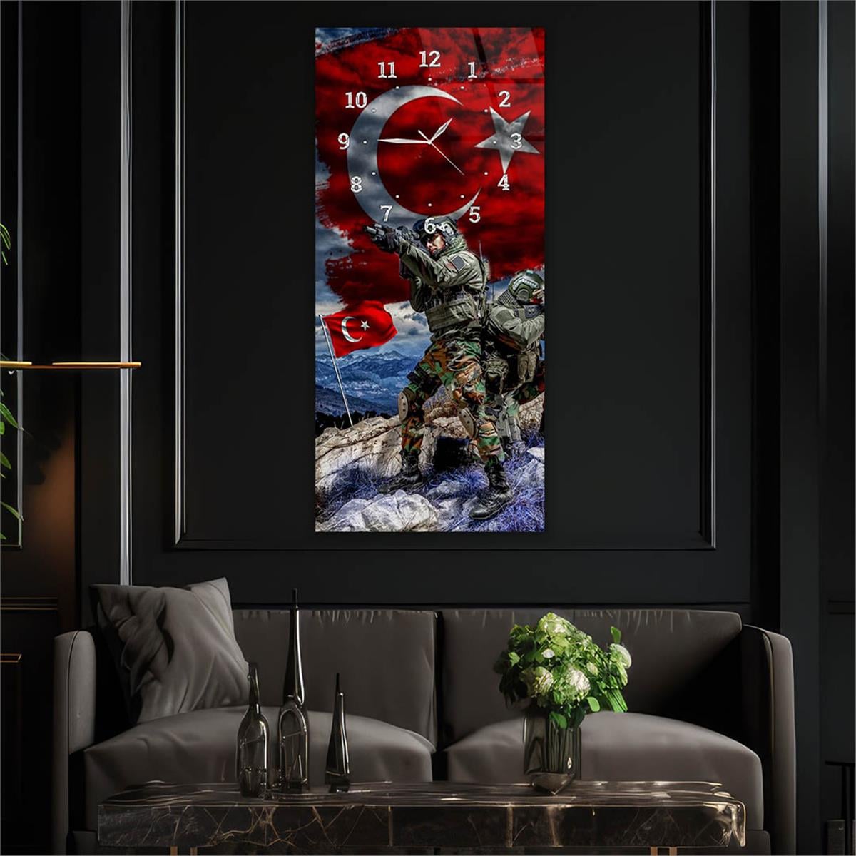 Vertical National Themed Glass Wall Art with Clock at the Top 037