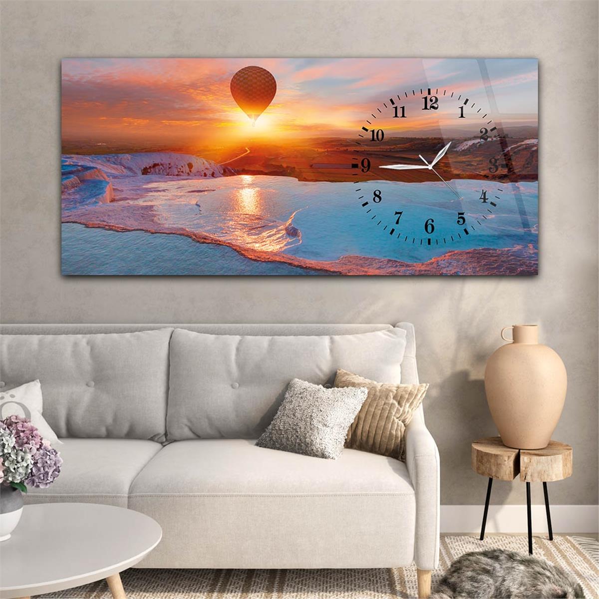 Yatay Saatli Yandan Sanat ve Doğa Temalı Cam Tablo 028