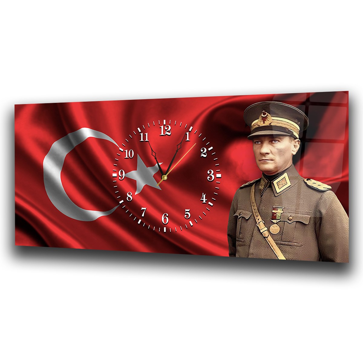 Türk Bayraklı Atatürk Saatli Cam Tablo
