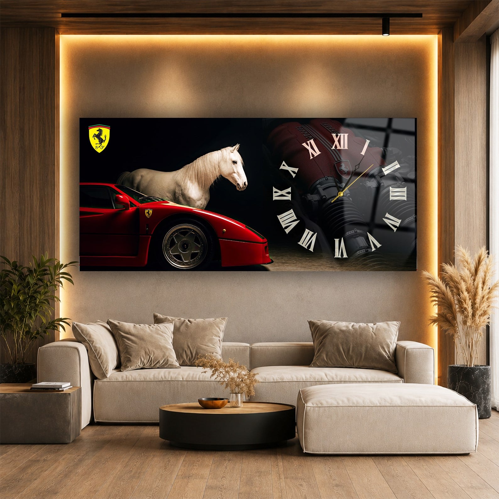 Ferrari ve Şahlanan At Saatli Cam Tablo