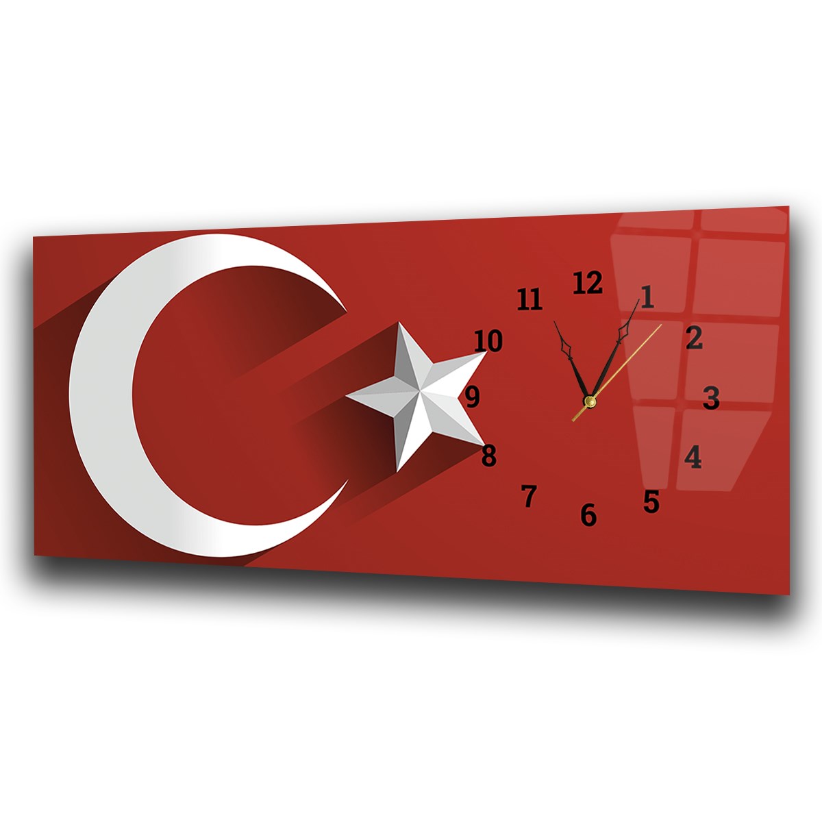 Türk Bayrağı Saatli Cam Tablo Yatay Saatli Yandan Vatan Temalı Cam Tablo 006