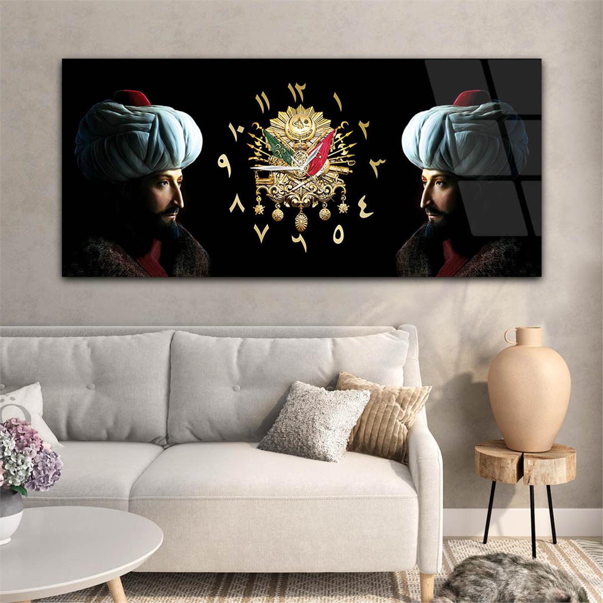 Fatih Sultan Mehmet Han ve Osmanlı Tuğralı Saatli  Cam Tablo 052
