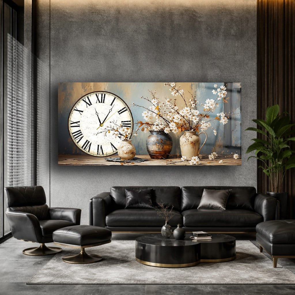 Yatay Saatli Yandan Sanat Temalı Cam Tablo 371