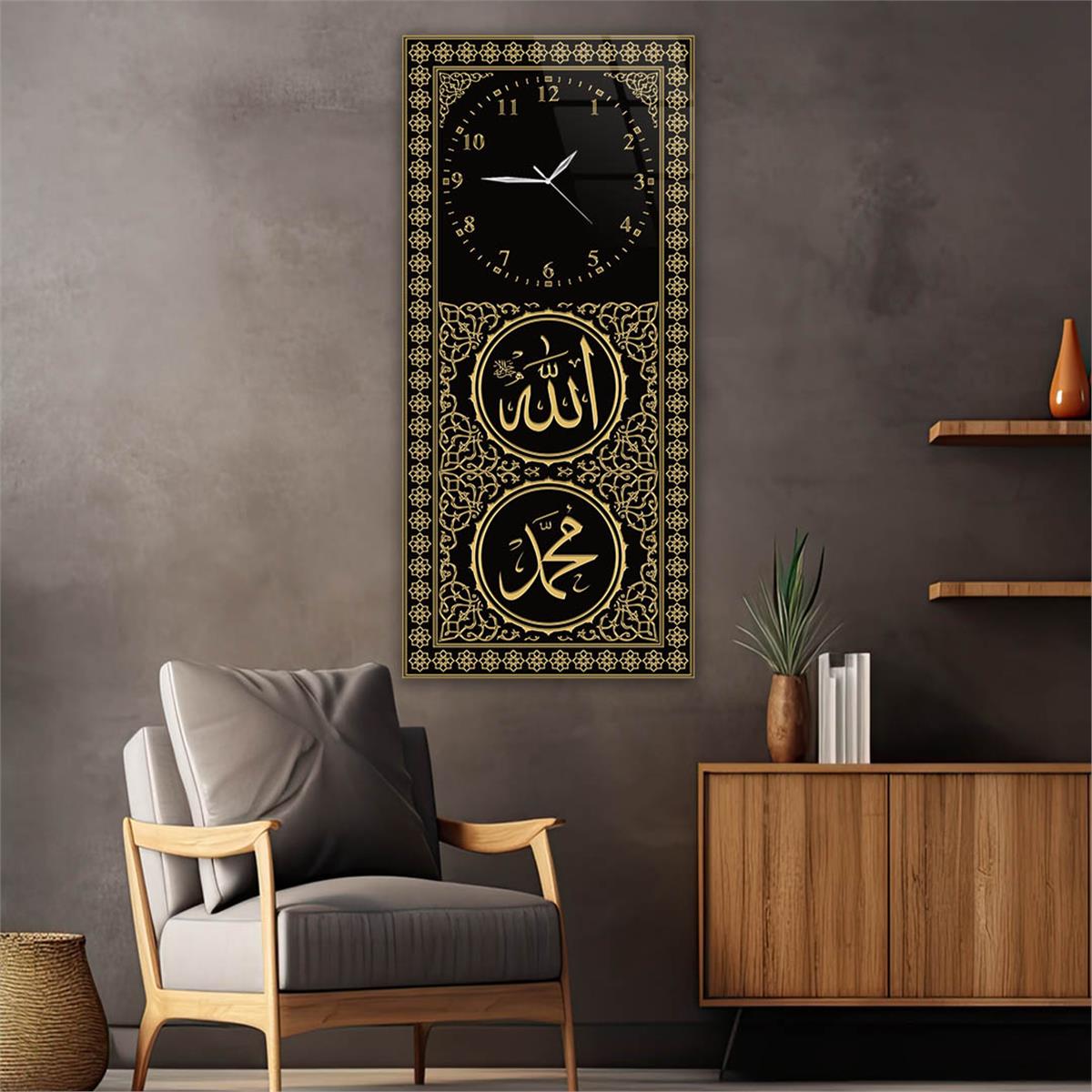 Tableau en verre à thème religieux vertical avec horloge en haut 044