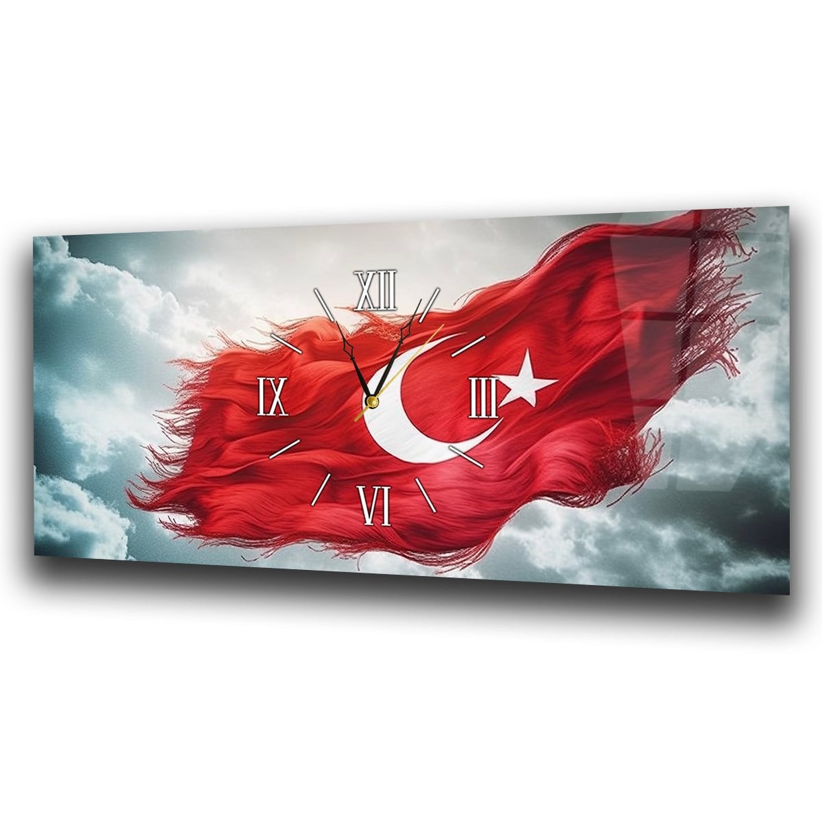 Bulutlar Arasında Dalgalanan Türk Bayrağı Saatli  Cam Tablo 079