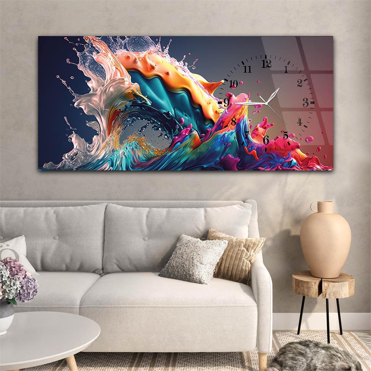 Yatay Saatli Yandan Sanat ve Doğa Temalı Cam Tablo 055