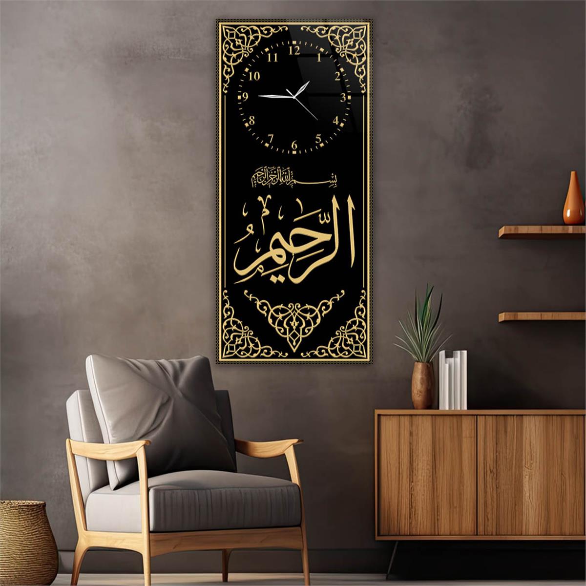 Tableau en verre à thème religieux vertical avec horloge en haut 015