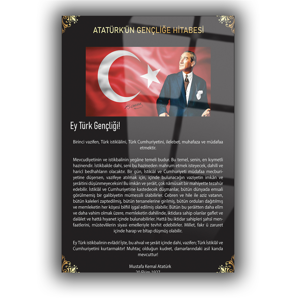 Mustafa Kemal Atatürk Gençliğe Hitabe Cam Tablo