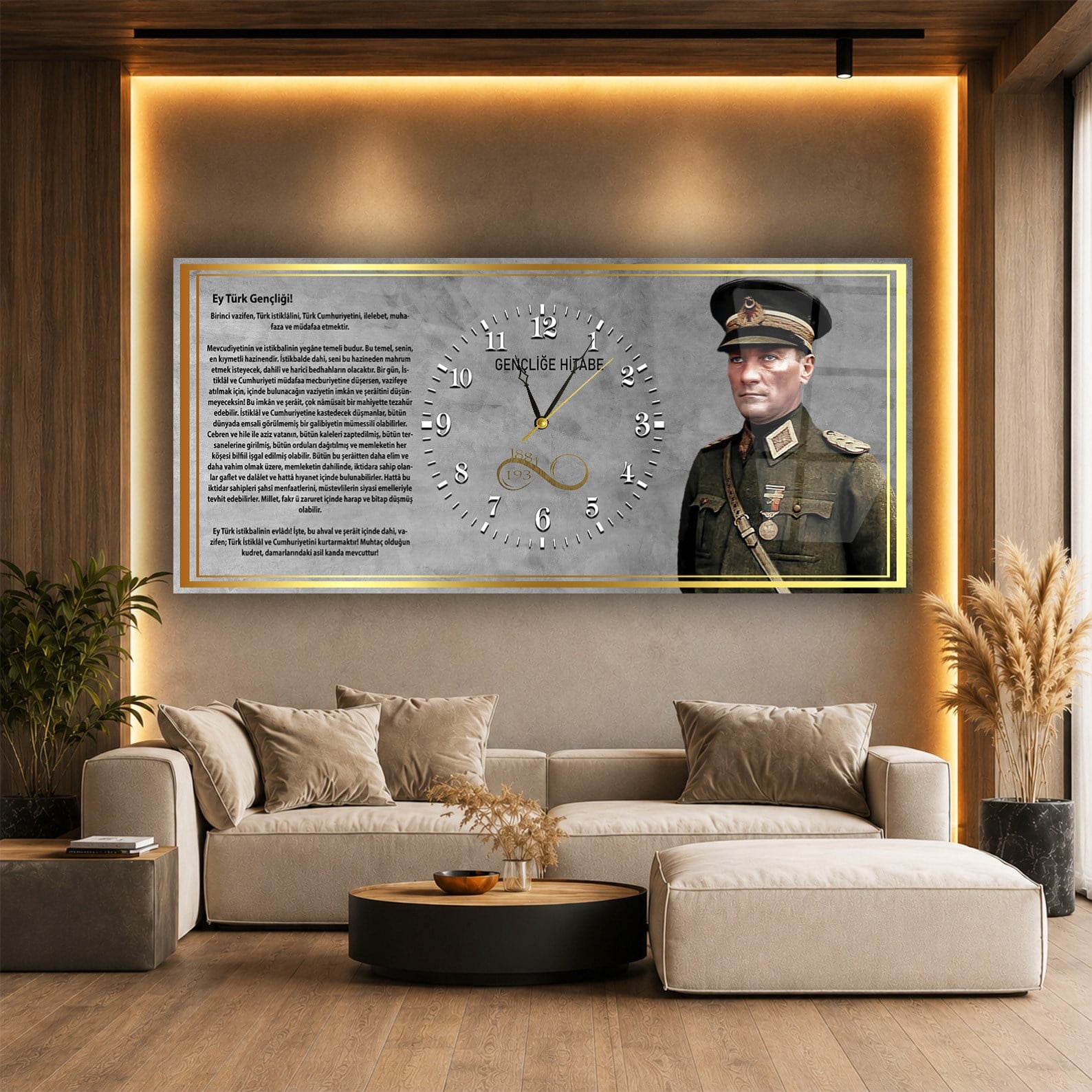 Mareşal Mustafa Kemal Atatürk ve Gençliğe Hitabesi Saatli  Vatan Temalı Cam Tablo 041