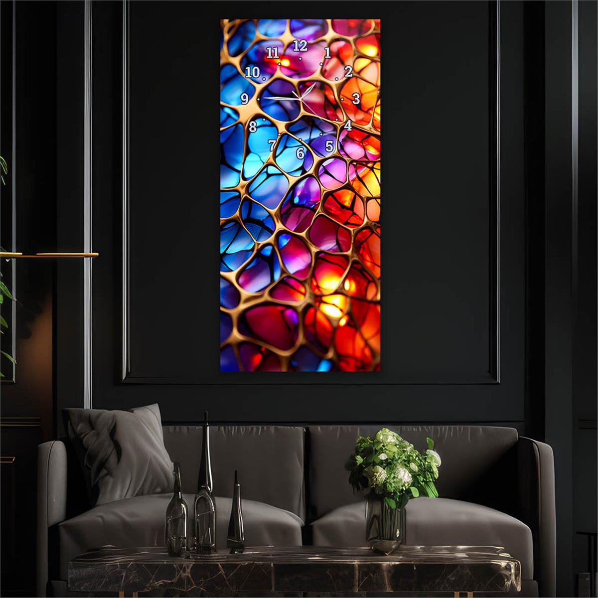 Verticale, Aan De Boven Kant Voorzien Van Een Klok, Kunst en Natuur Thema Gehard Glasschilderij 047