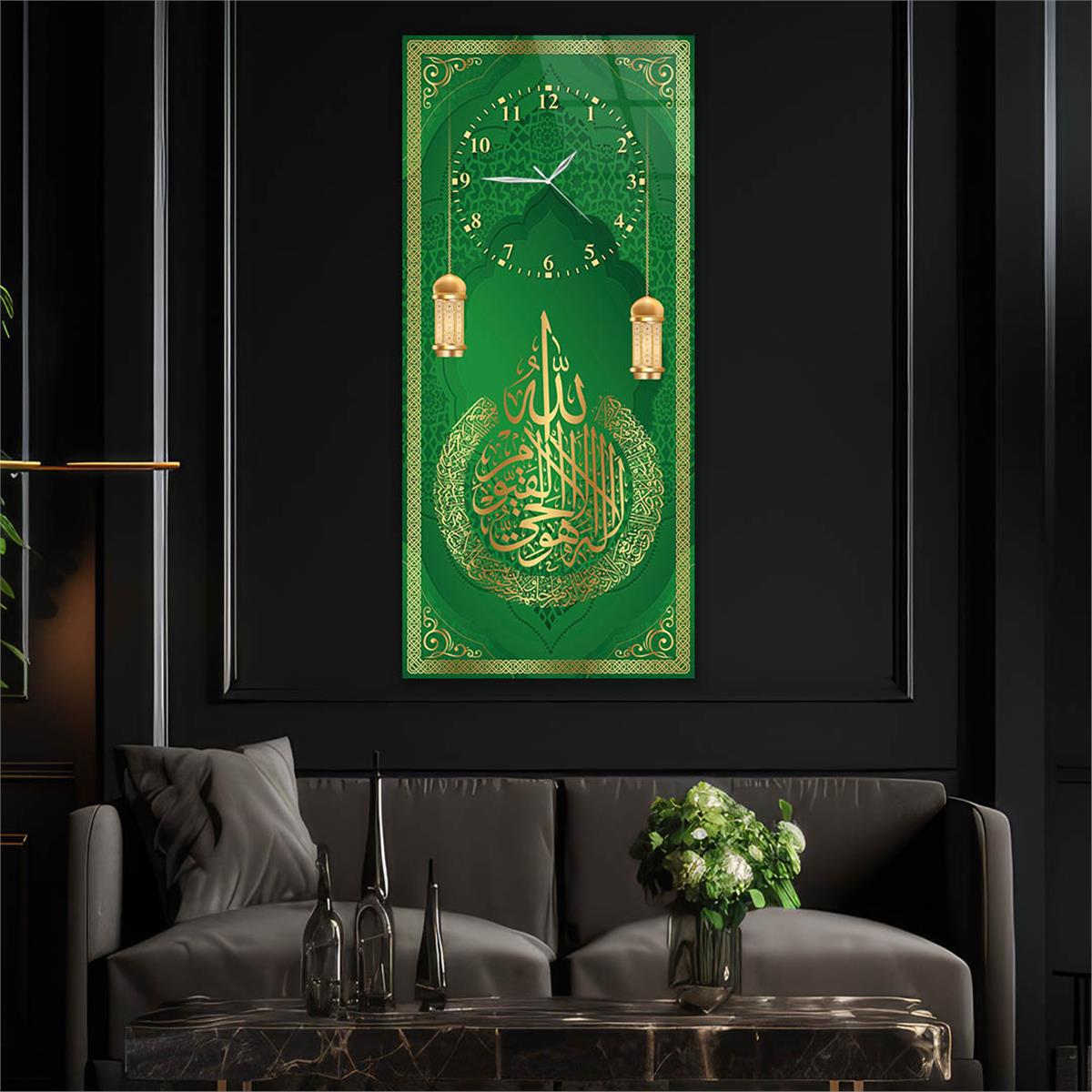 Tableau en verre à thème religieux vertical avec horloge en haut 048