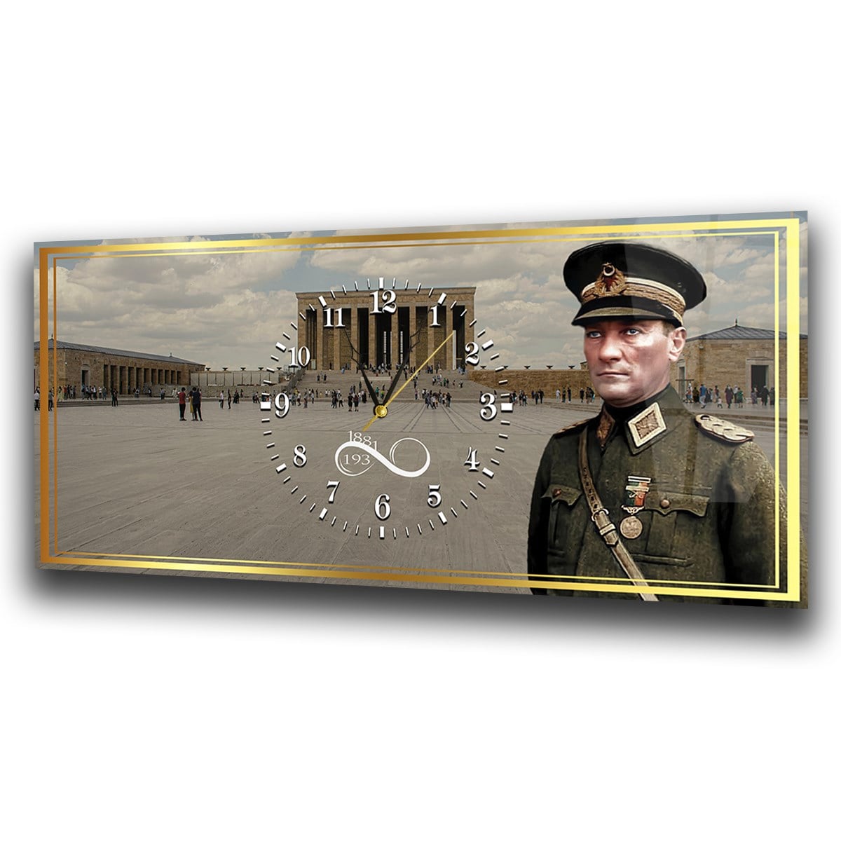Askeri kıyafetli Atatürk ve Anıtkabir Yatay Ortadan Saatli  Vatan Temalı Cam Tablo 043