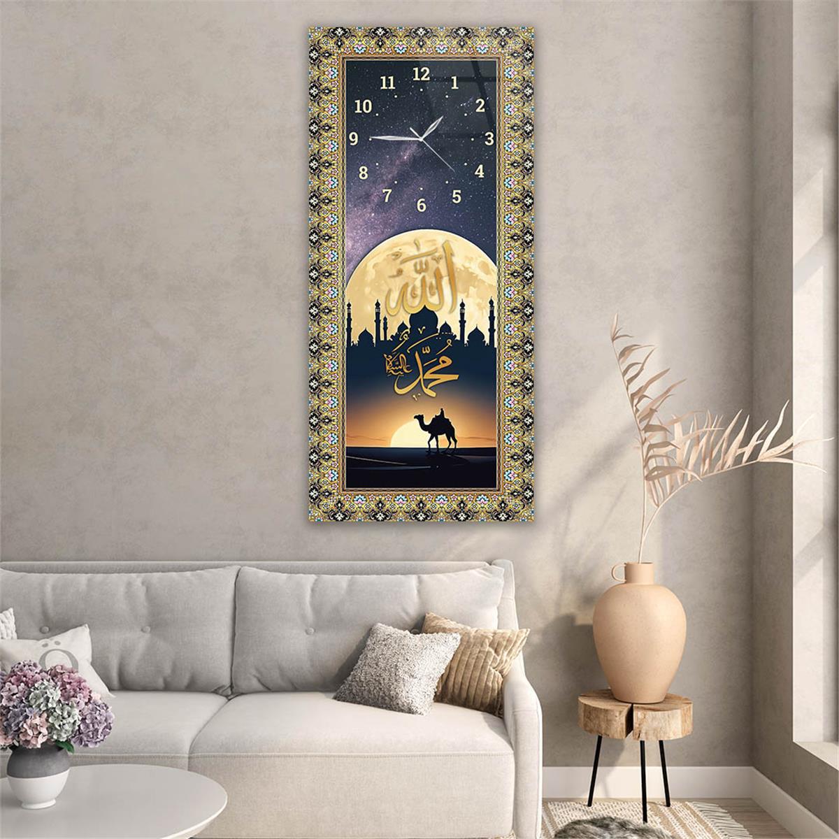 Tableau en verre à thème religieux vertical avec horloge en haut 043