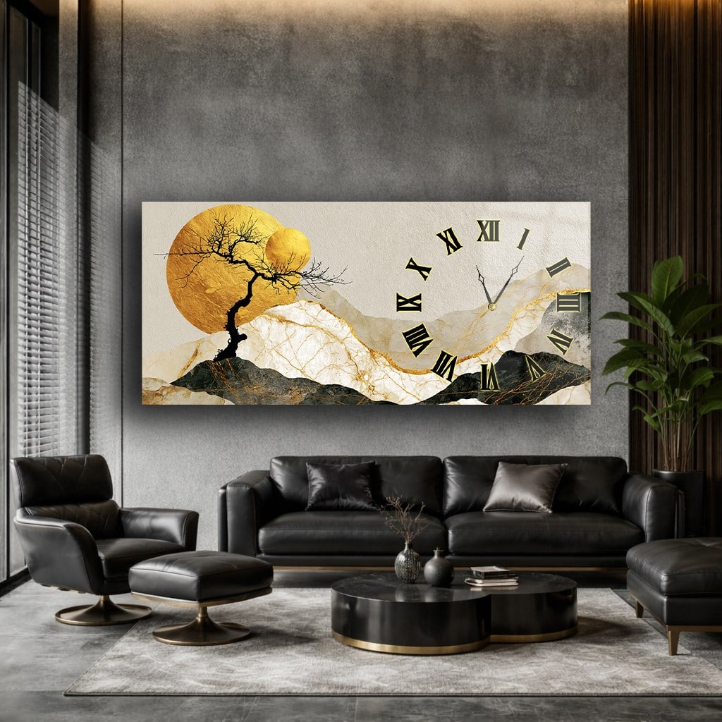 Yatay Saatli Yandan Sanat Temalı Cam Tablo 365