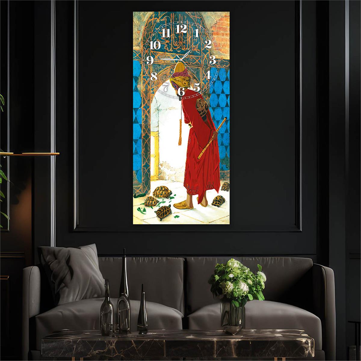 Dikey Üstten Saatli Sanat Temalı Cam Tablo 003