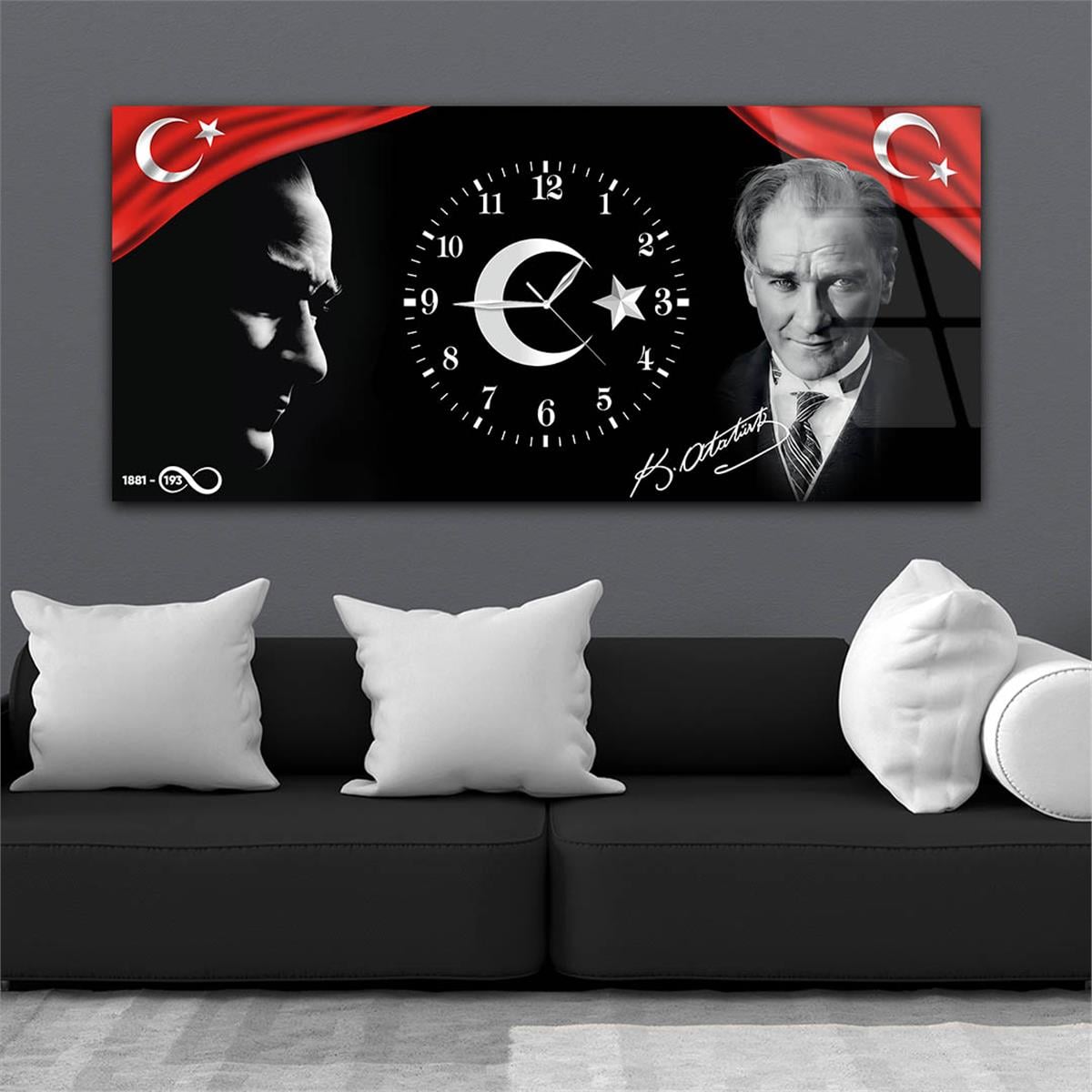 Yatay Saatli Ortadan Vatan Temalı Cam Tablo 166