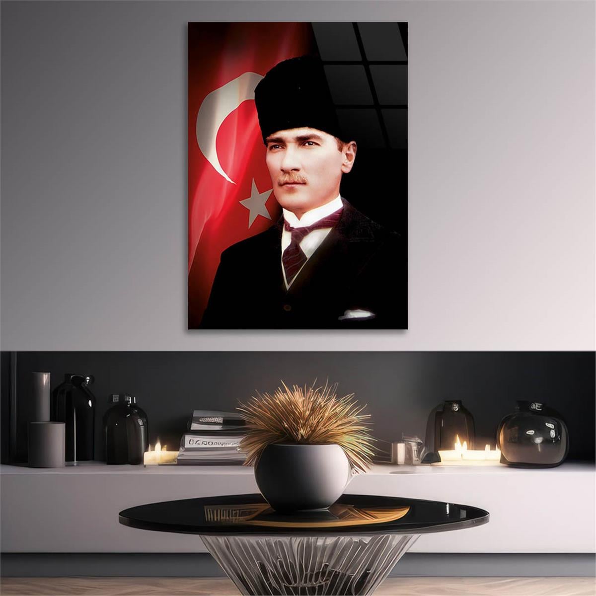 MUSTAFA KEMAL ATATÜRK ve TÜRK BAYRAĞI GÖRSELLİ  CAM TABLO