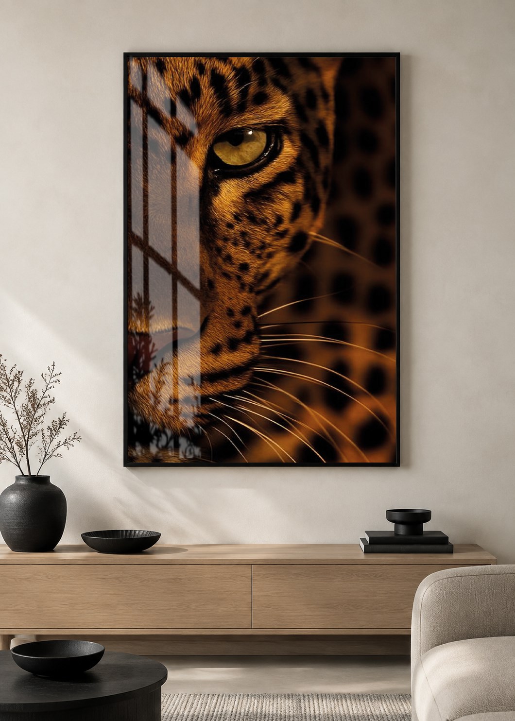 Leopar Portresi Alüminyum Çerçeveli Dekoratif Cam Duvar Tablosu
