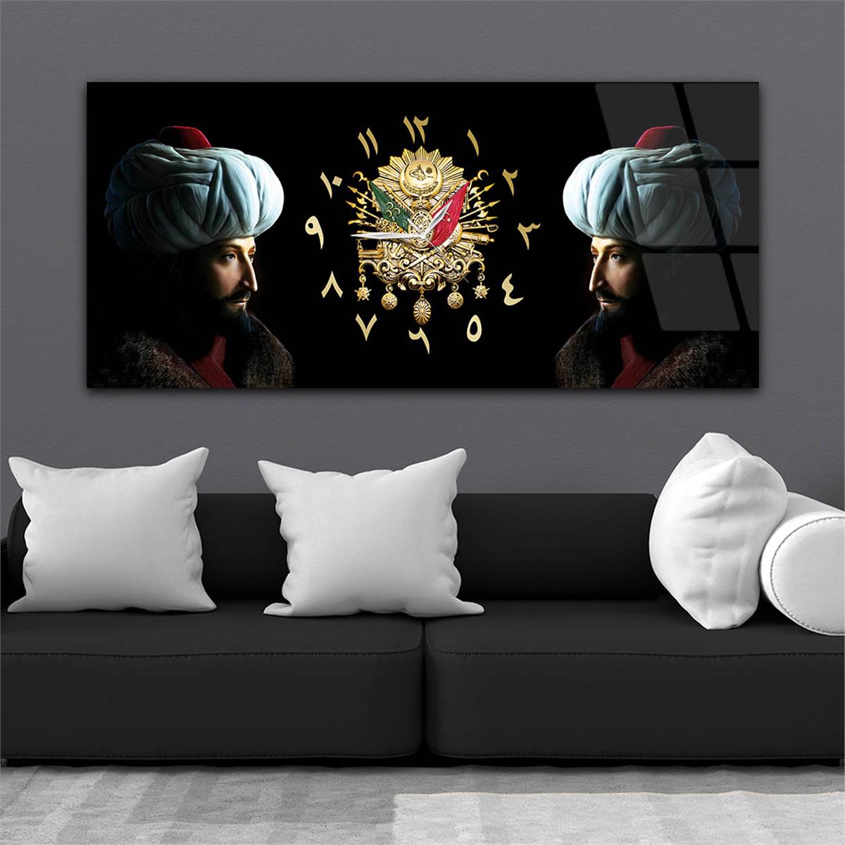 Fatih Sultan Mehmet Han ve Osmanlı Tuğralı Saatli  Cam Tablo 052