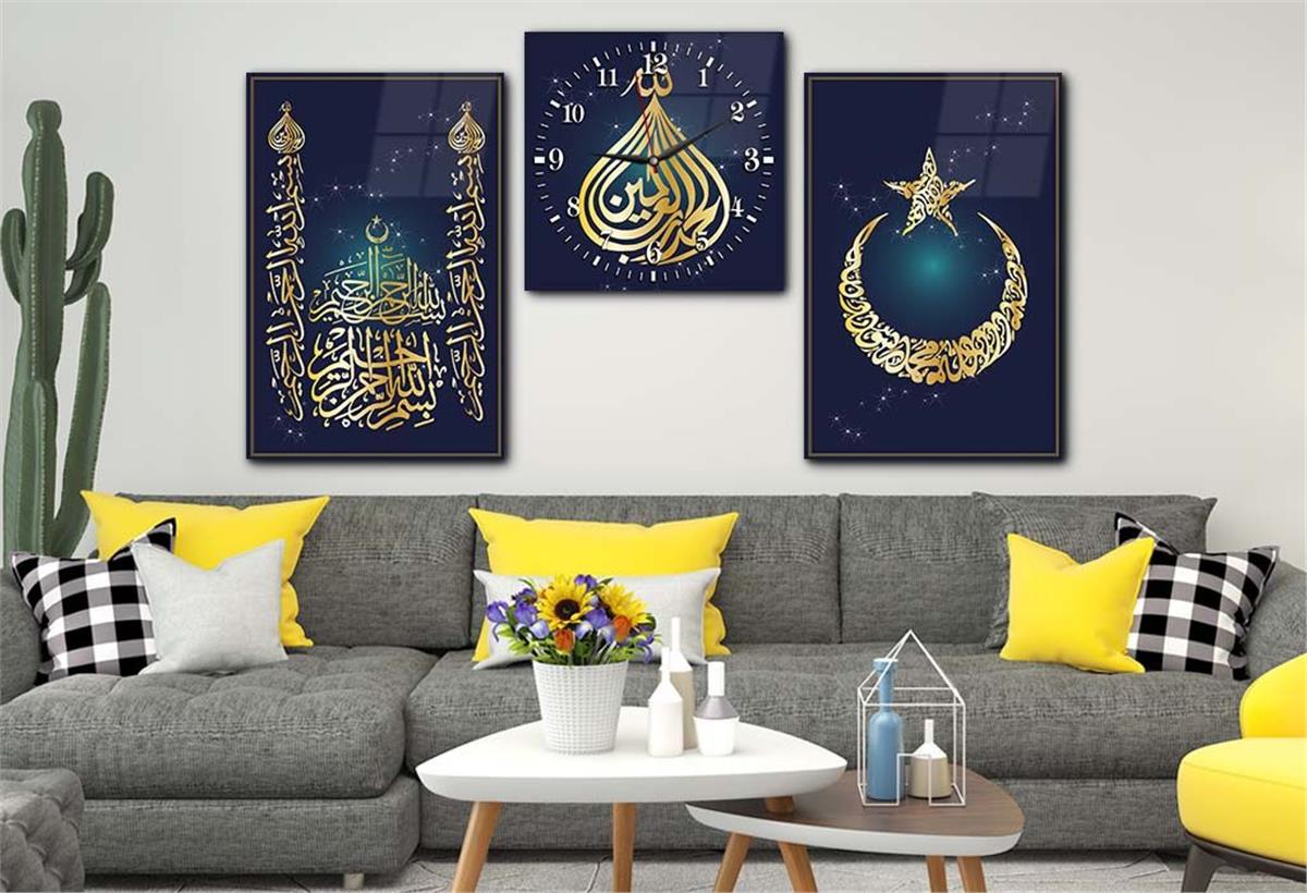KELİME-İ TEVHİT YAZILI AY YILDIZ BESMELİYİ ŞERİF YAZILI CAMİİ GÖRSELLİ CAM TABLO SAAT SETİ 
