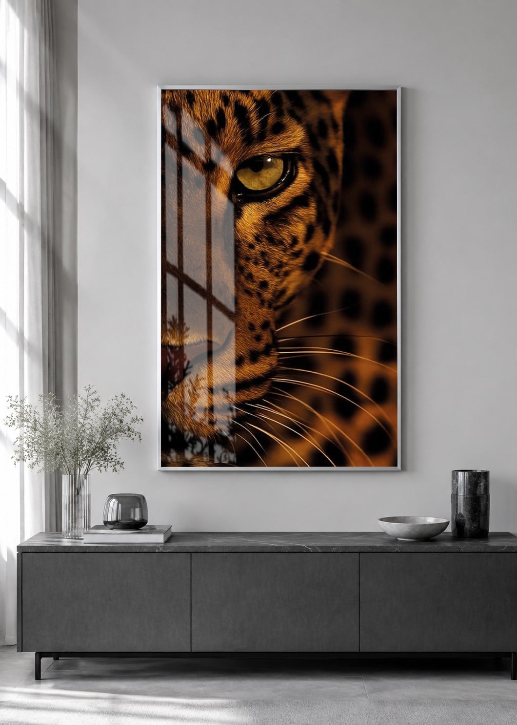 Leopar Portresi Alüminyum Çerçeveli Dekoratif Cam Duvar Tablosu