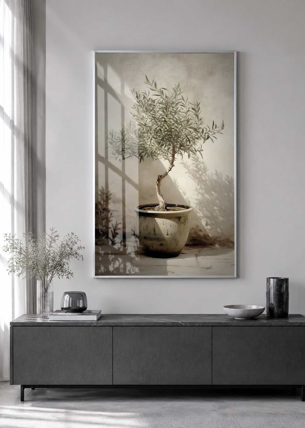 Minimal Zeytin Ağacı Alüminyum Çerçeveli Dekoratif Cam Duvar Tablosu