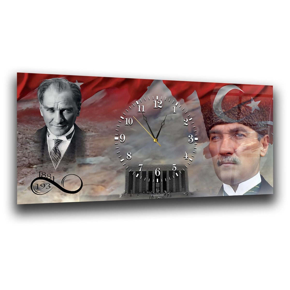 Atatürk Türk Bayrağı ve Sonsuz 1881-1938 Anıtkabir Saatli  Cam Tablo 067