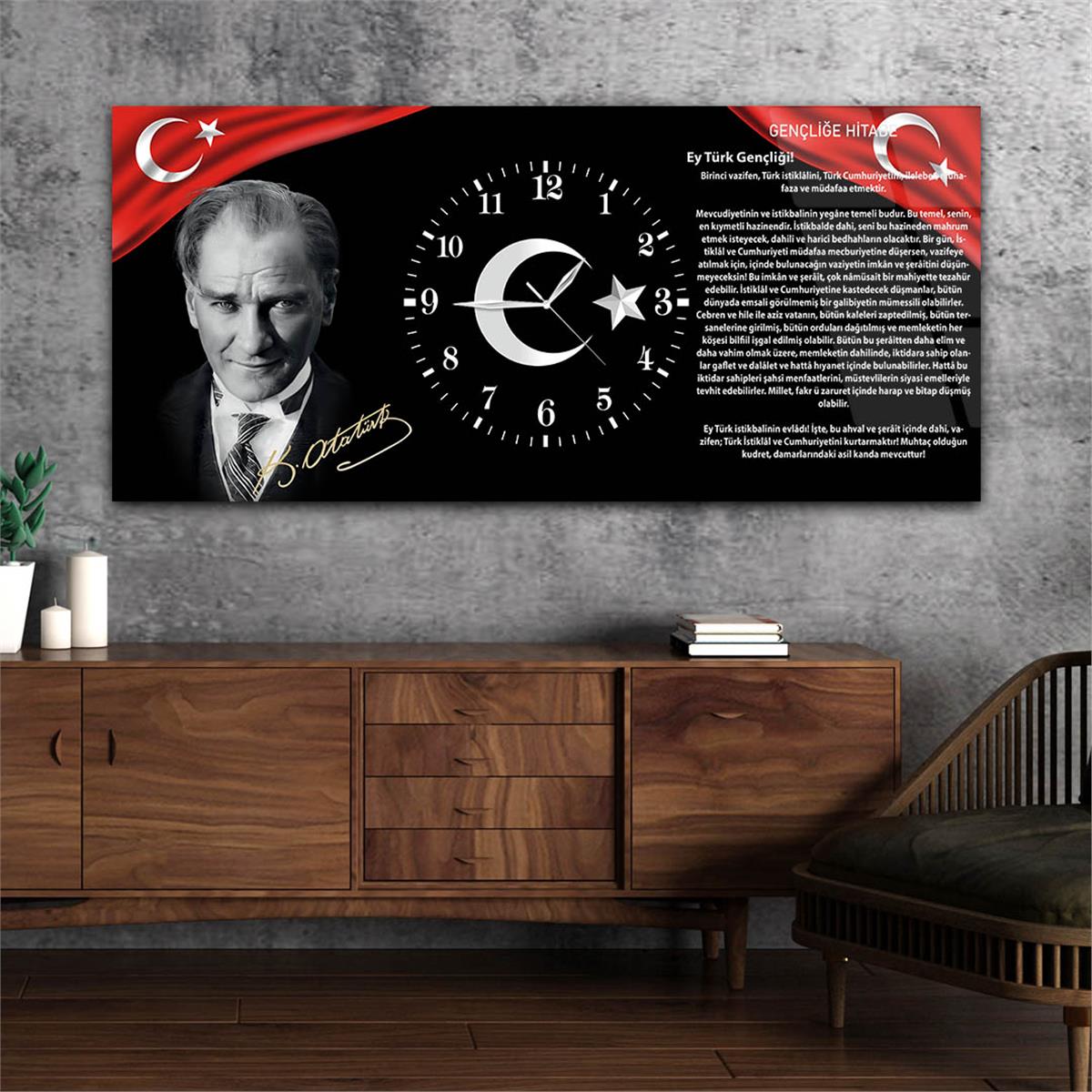 Atatürk Gençliğe Hitabe Saatli Cam Tablo