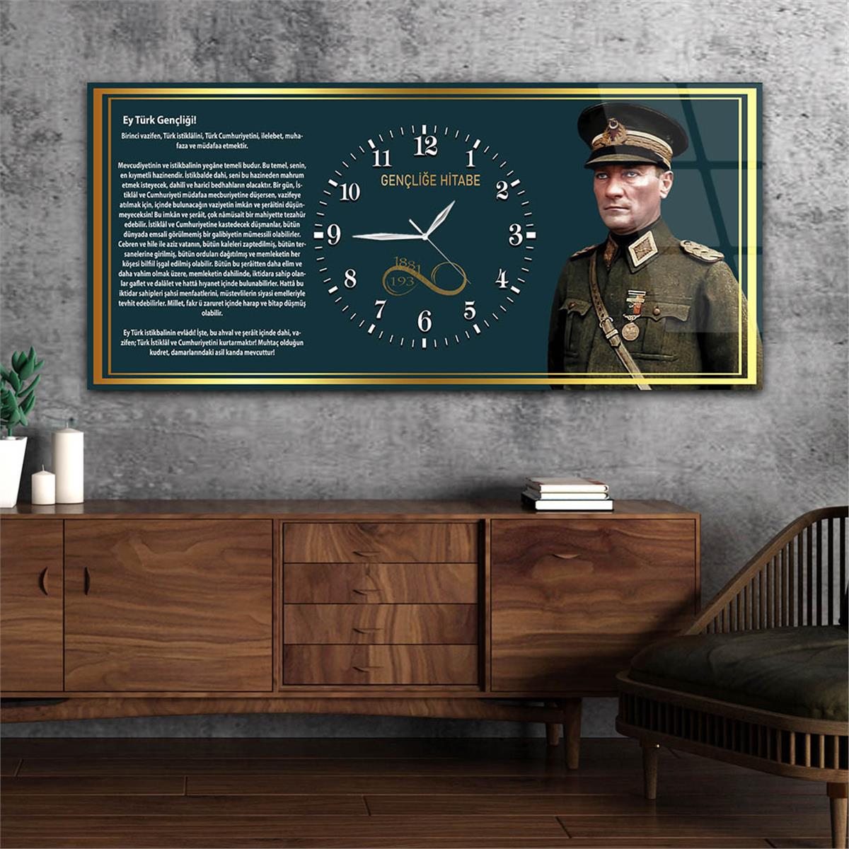 Asker Mustafa Kemal Atatürk ve Gençliğe Hitabesi Saatli Cam Tablo 040