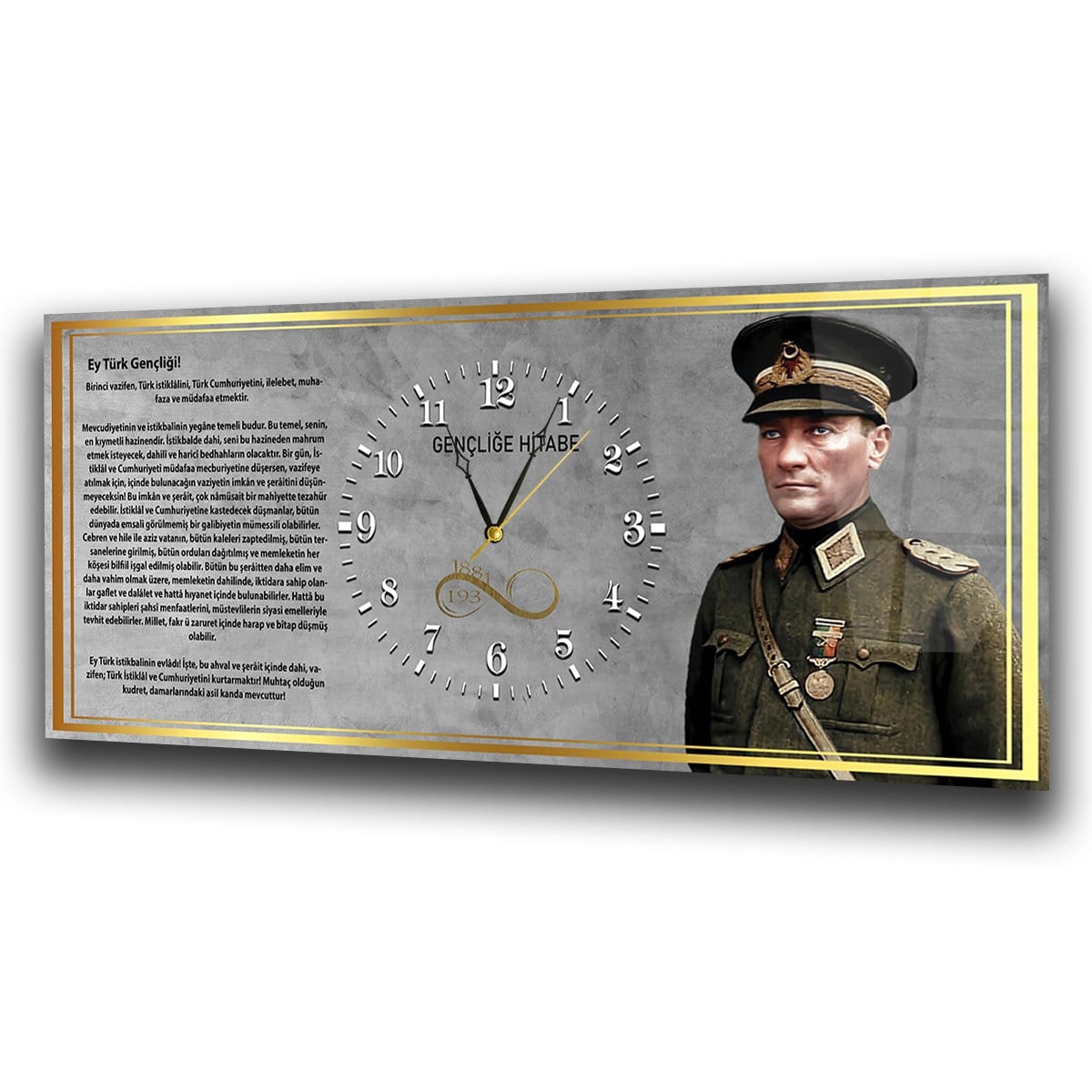 Mareşal Mustafa Kemal Atatürk ve Gençliğe Hitabesi Saatli  Vatan Temalı Cam Tablo 041