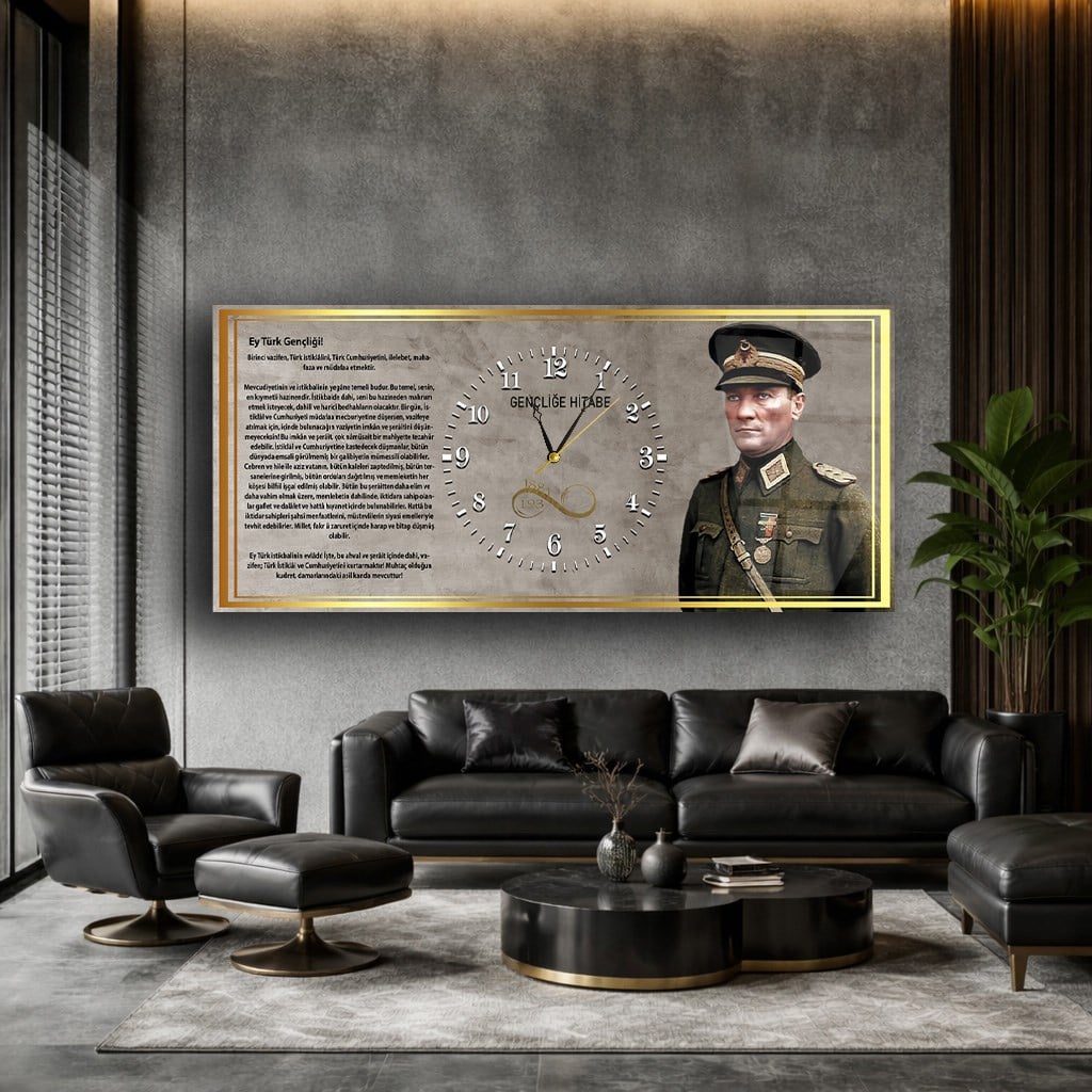 Askeri Kıyafetli Mustafa Kemal Atatürk ve Gençliğe Hitabesi Saatli  Cam Tablo 042