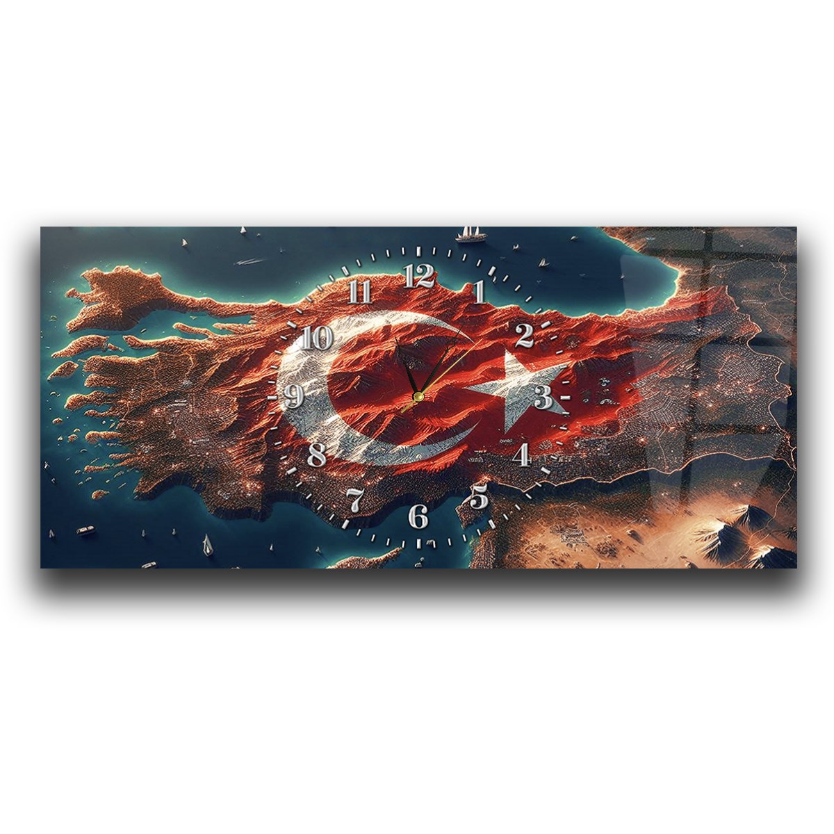 Ay Yıldızlı Türkiye Haritası Saatli Cam Tablo