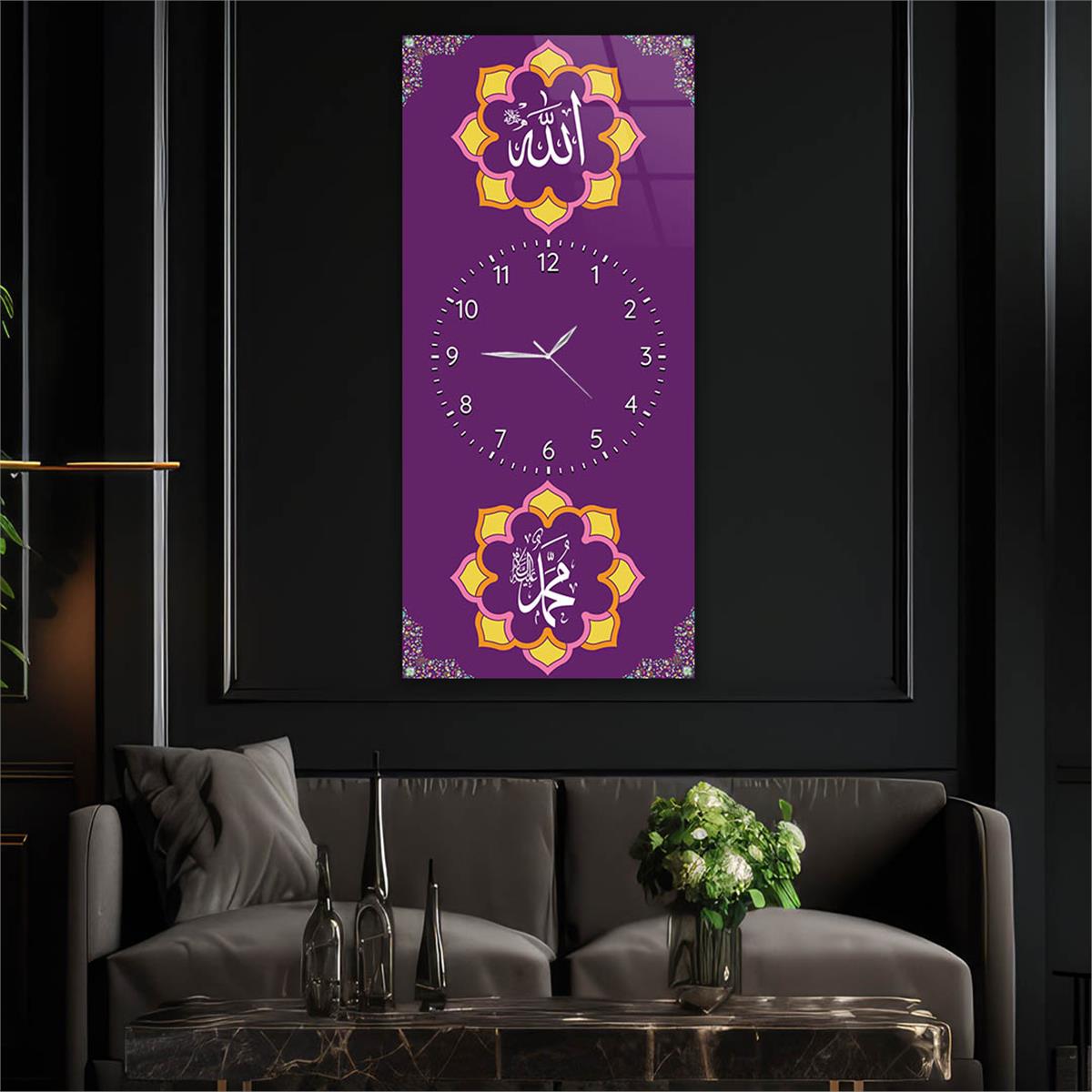 Vertical Religious Themed Glass Wall Art with Clock at the Center 010