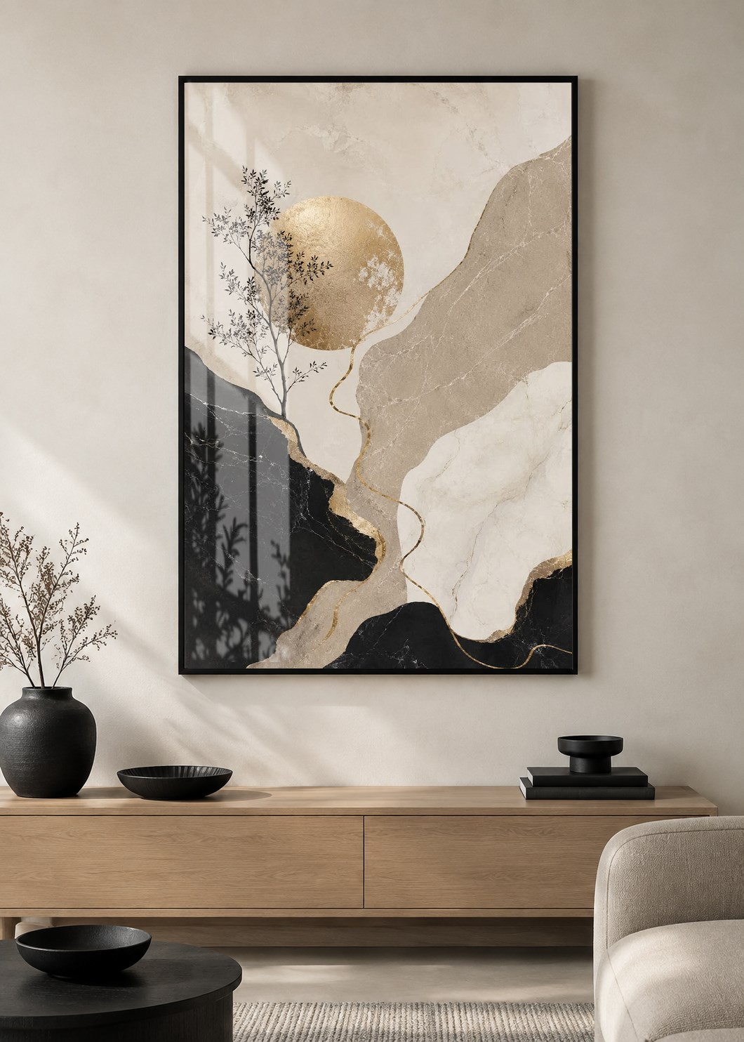 Gold Güneş ve Minimal Doğa Alüminyum Çerçeveli Modern Cam Duvar Tablosu