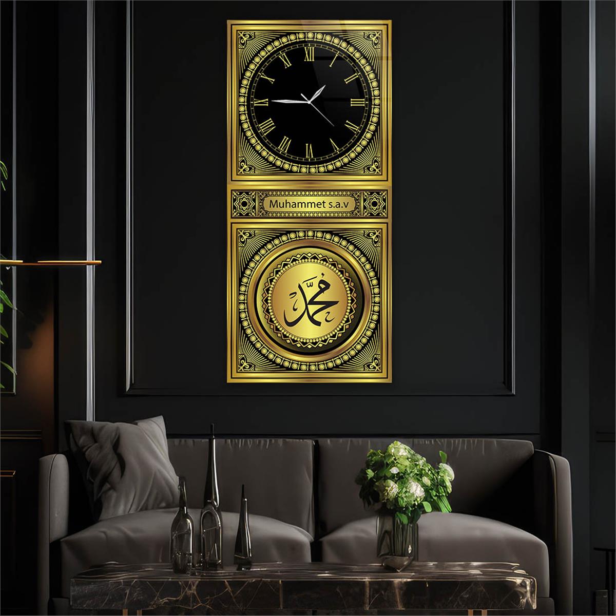 Tableau en verre à thème religieux vertical avec horloge en haut 036