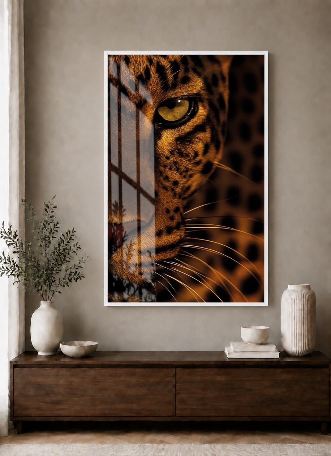Leopar Portresi Alüminyum Çerçeveli Dekoratif Cam Duvar Tablosu