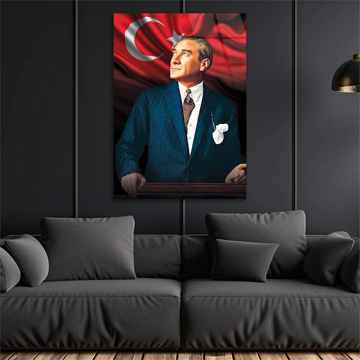 MUSTAFA KEMAL ATATÜRK ve TÜRK BAYRAĞI GÖRSELLİ  CAM TABLO