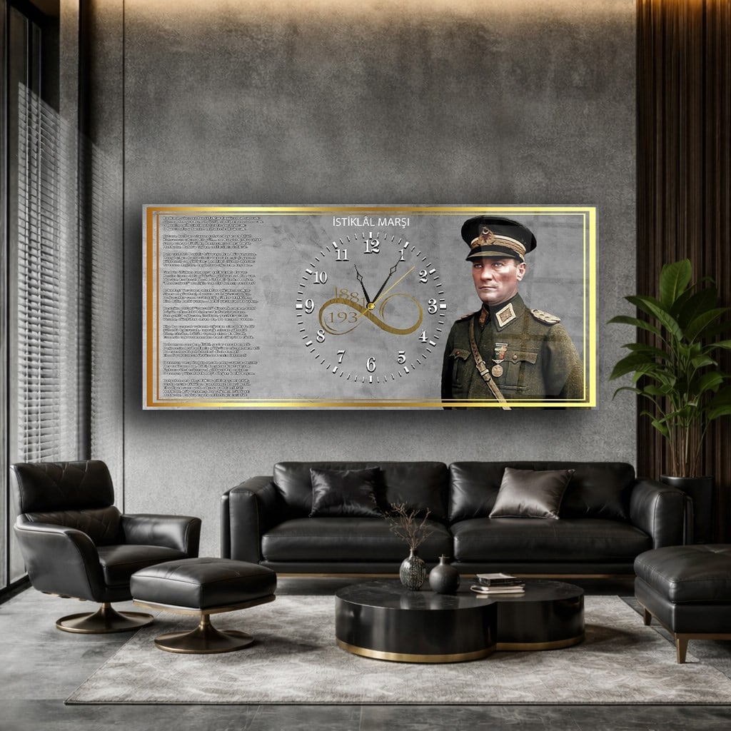 Asker Atatürk ve İstiklal Marşı Saatli Cam Tablo