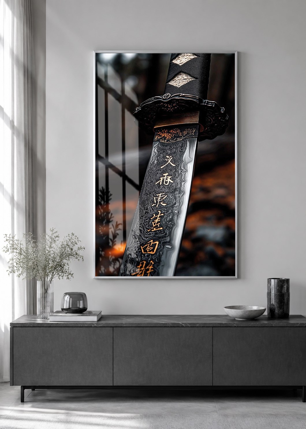 Japon Katana Kılıcı Alüminyum Çerçeveli Dekoratif Cam Duvar Tablosu