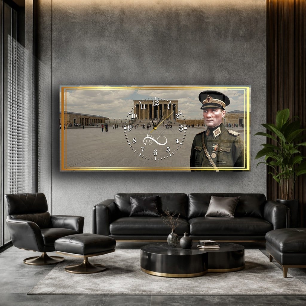 Askeri kıyafetli Atatürk ve Anıtkabir Yatay Ortadan Saatli  Vatan Temalı Cam Tablo 043