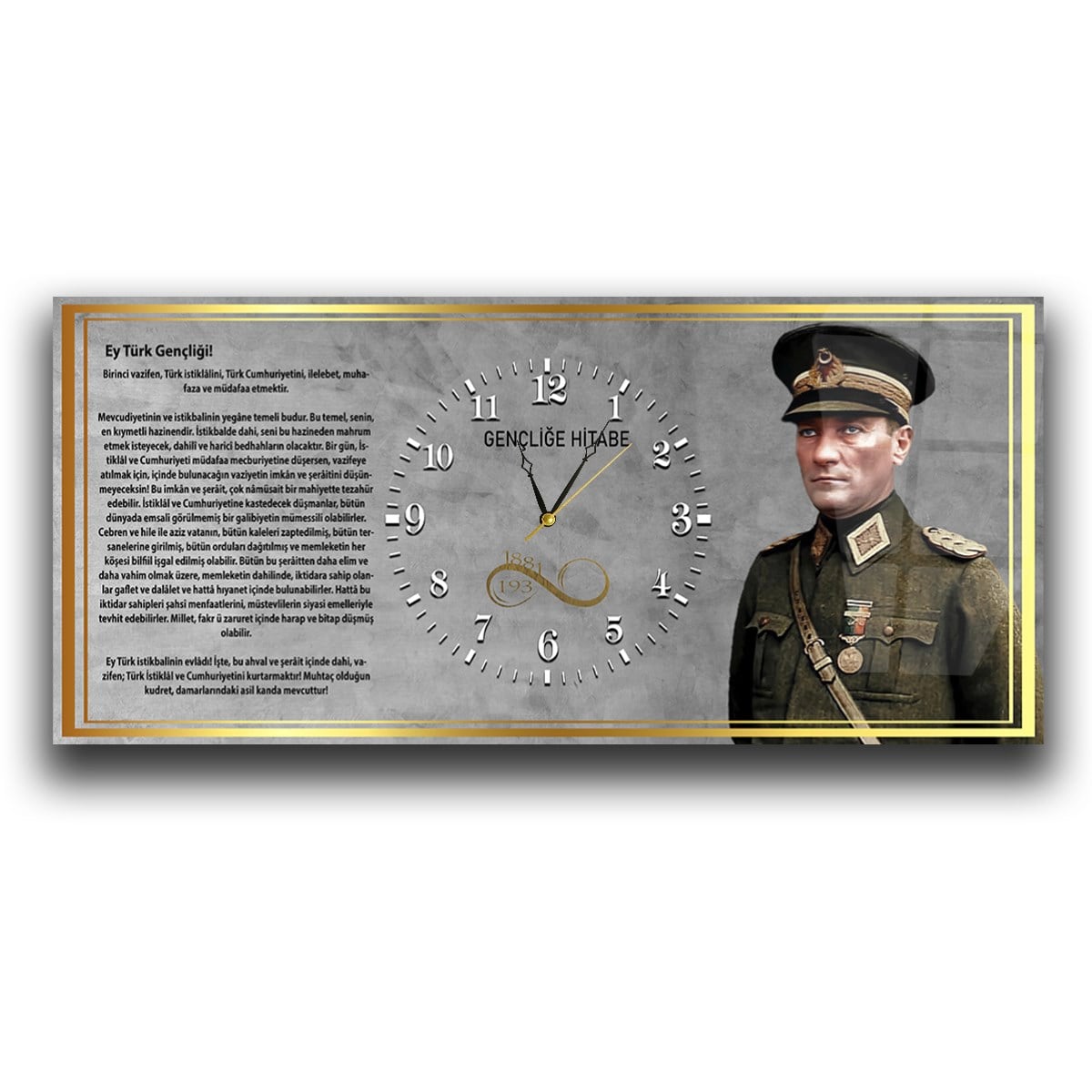 Mareşal Mustafa Kemal Atatürk ve Gençliğe Hitabesi Saatli  Vatan Temalı Cam Tablo 041