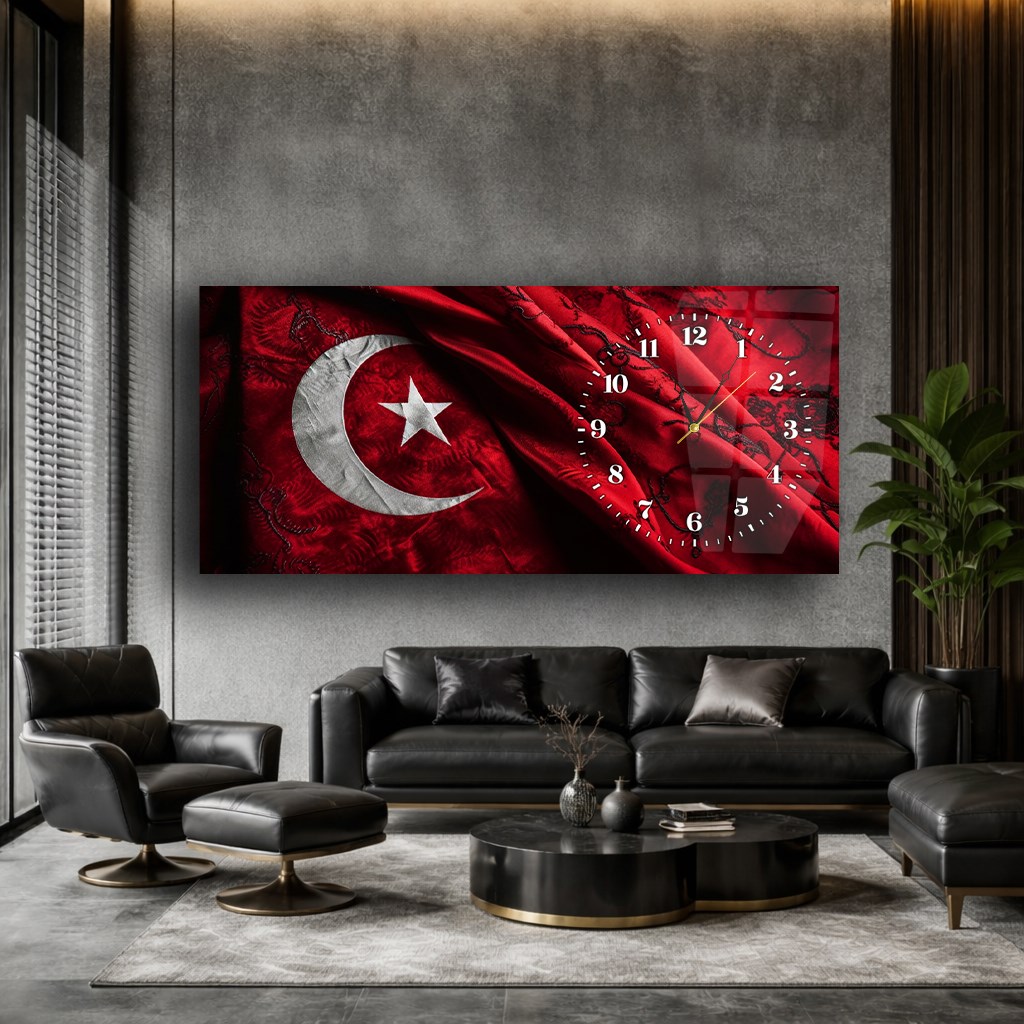 Yatay Saatli Yandan Vatan Temalı Cam Tablo 029