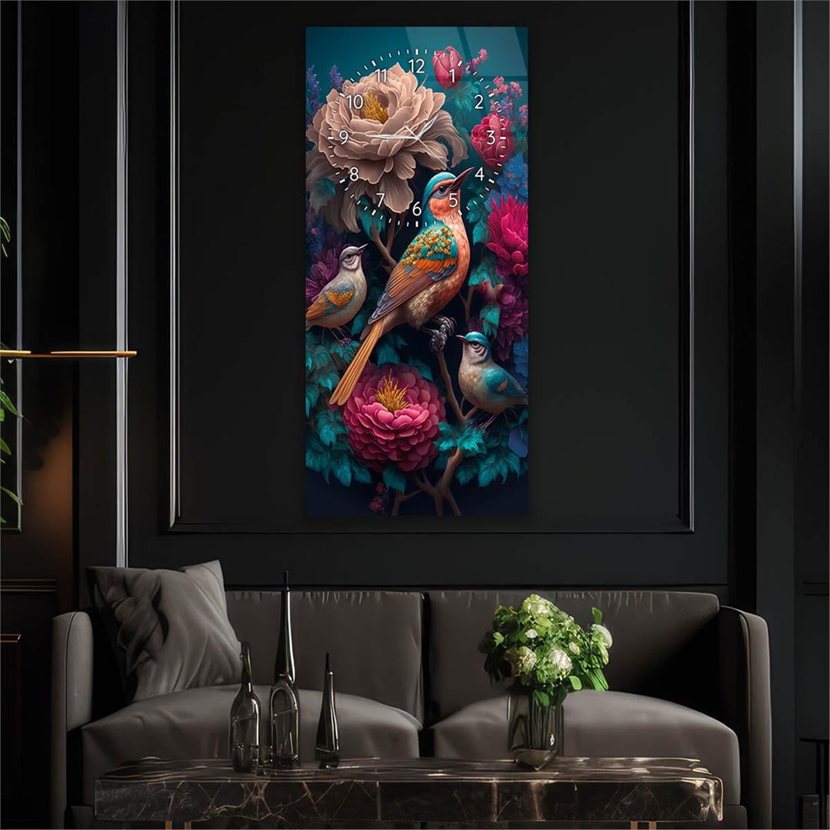 Tableau en verre à thème art et nature vertical avec horloge en haut 008