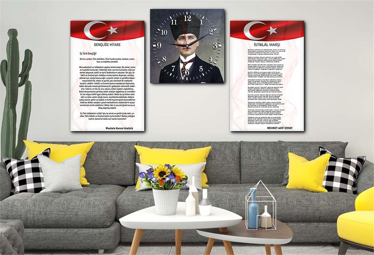 İSTİKLAL MARŞI MUSTAFA KEMAL ATATÜRK GÖRSELLİ CAM TABLO CAM SAAT SETİ 