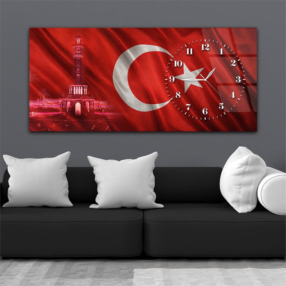 Yatay Saatli Yandan Vatan Temalı Cam Tablo 040