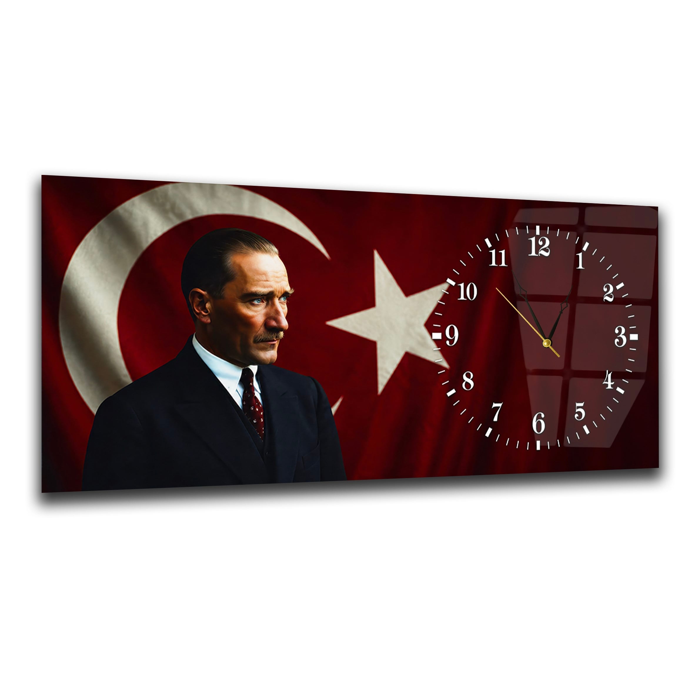 Atatürk ve Türk Bayrağı Saatli Cam Tablo