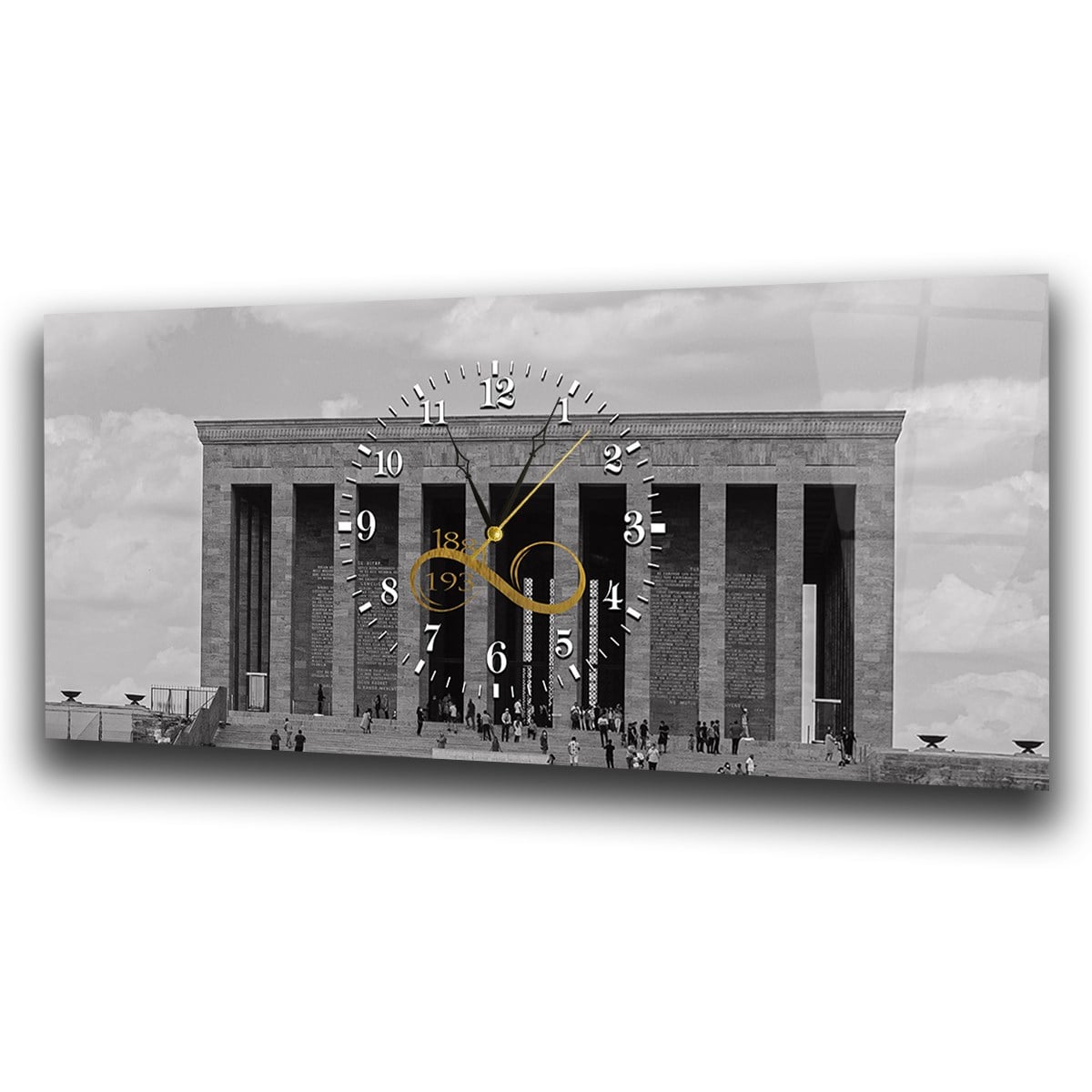 Horizontal bedrucktes Glas mit Nationenthema und einer Uhr in der Mitte 059