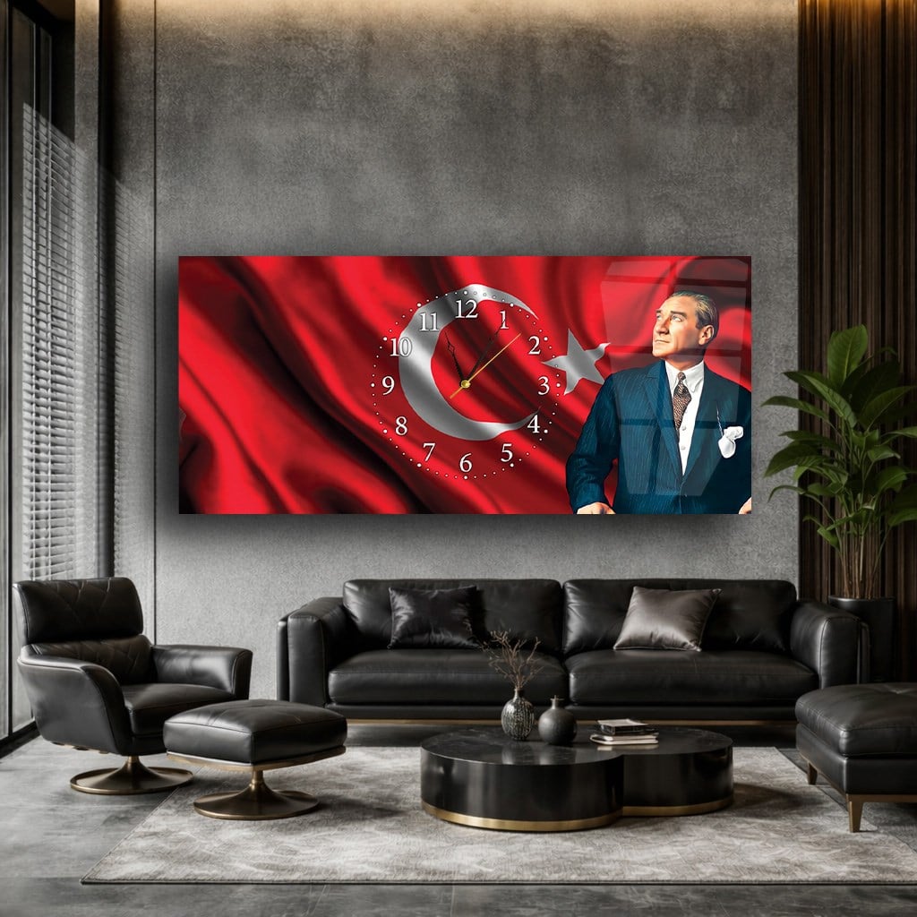 Ayyıldız Türk Bayrağı ve Atatürk Yatay Ortadan Saatli  Cam Tablo 084